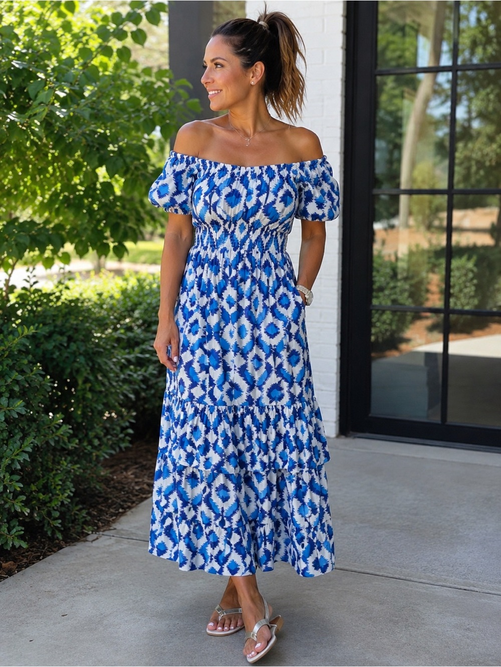 Target Blue Ikat Print Tiered Midi Dress EUC Size M